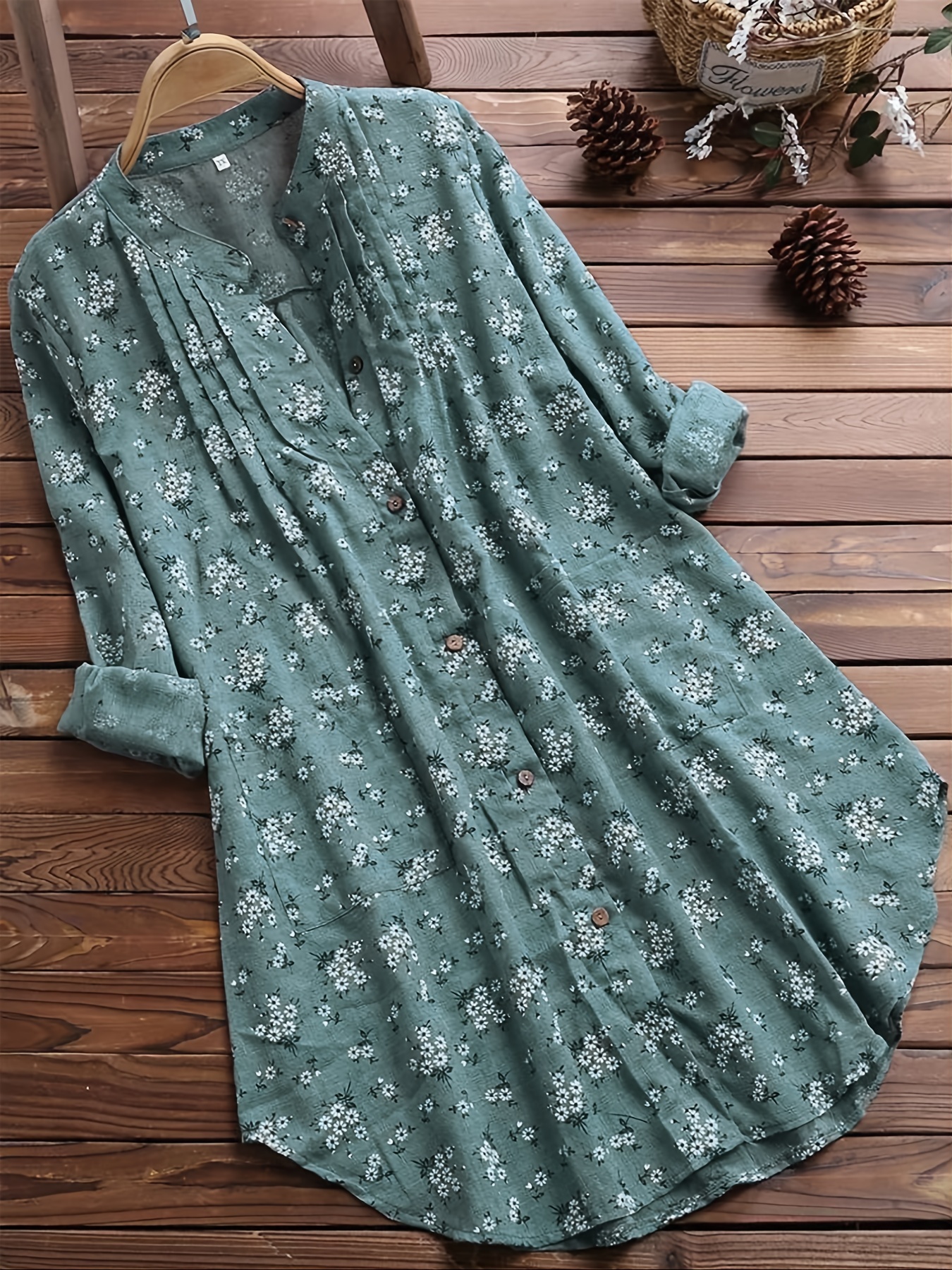 Ditsy Floral Print Button Front Midi Dress with Pocket