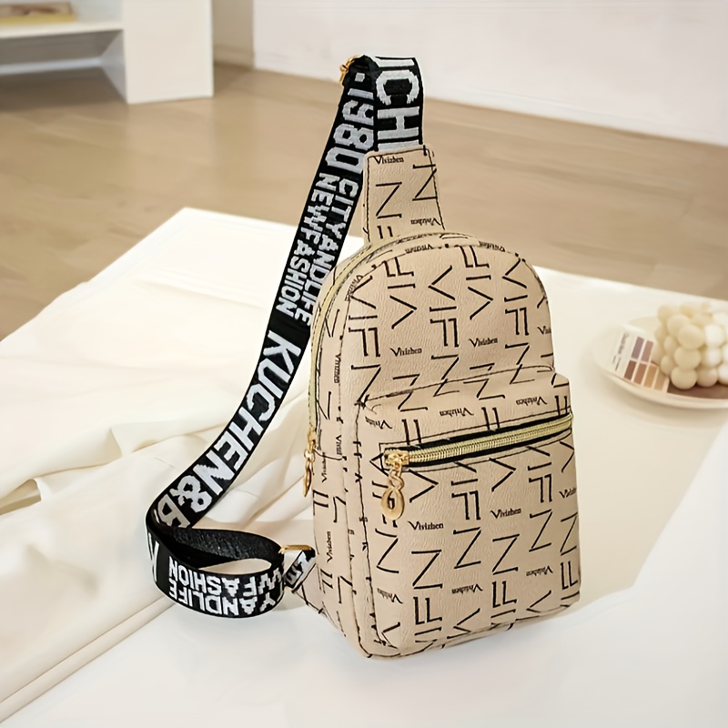 Letter Printed Sling Bag, Trendy Double Zipper Chest Bag, Casual Faux  Leather Crossbody Bag For Travel & Sports - Temu Japan