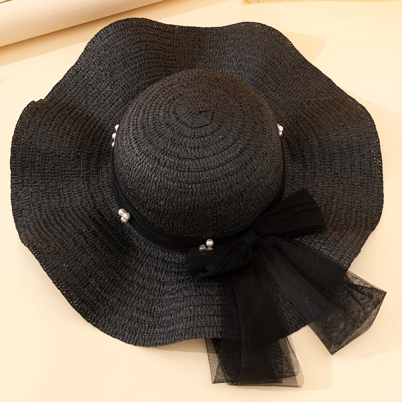 Women's Faux Pearl Bow Decor Straw Hat: Perfect Summer Sun - Temu Canada