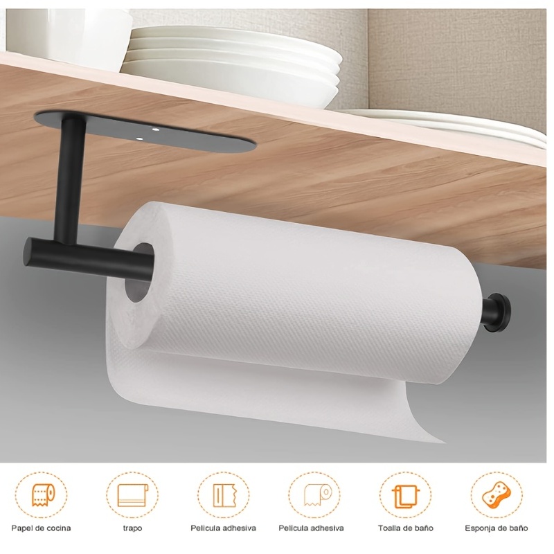 Paper Towel Holder Under Cabinet Comes with Both Self Adhesive and Screws  Wall Mount Paper Towel Rack for Bar, Kitchen, Sink & Bathroom, SUS304  Stainless Steel 13.2 inch (Black) 