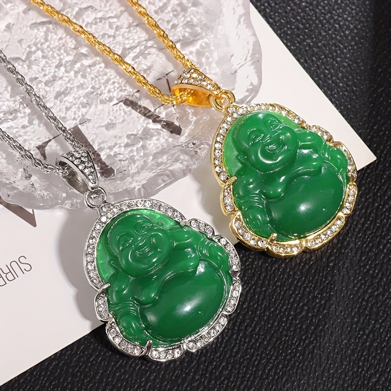 18K GOLD Buddha Necklace, Jade Buddha Necklace for Unisex, STAINLESS STEEL  Jewelry, Buddha Laughing, Charm, Pendant, Christmas Gift 