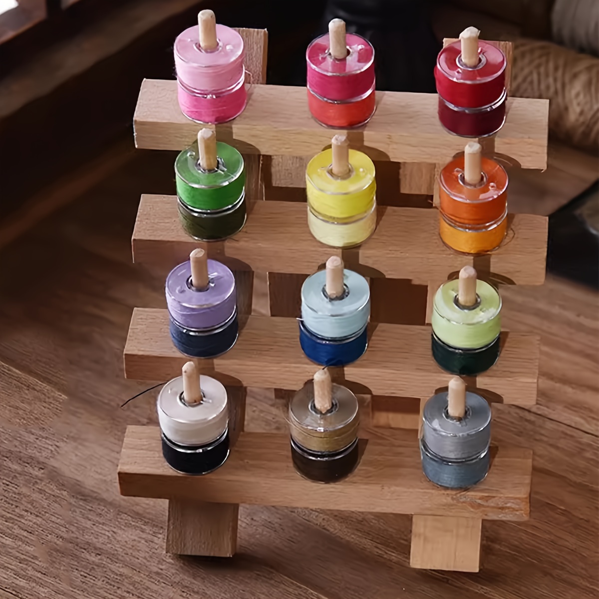 JumblCrafts Wooden Thread Rack Holder. 60-Spool Thread Organizer Rack W/  Hooks & Flip-Out Legs, 16.1”x1.9”x13.2”
