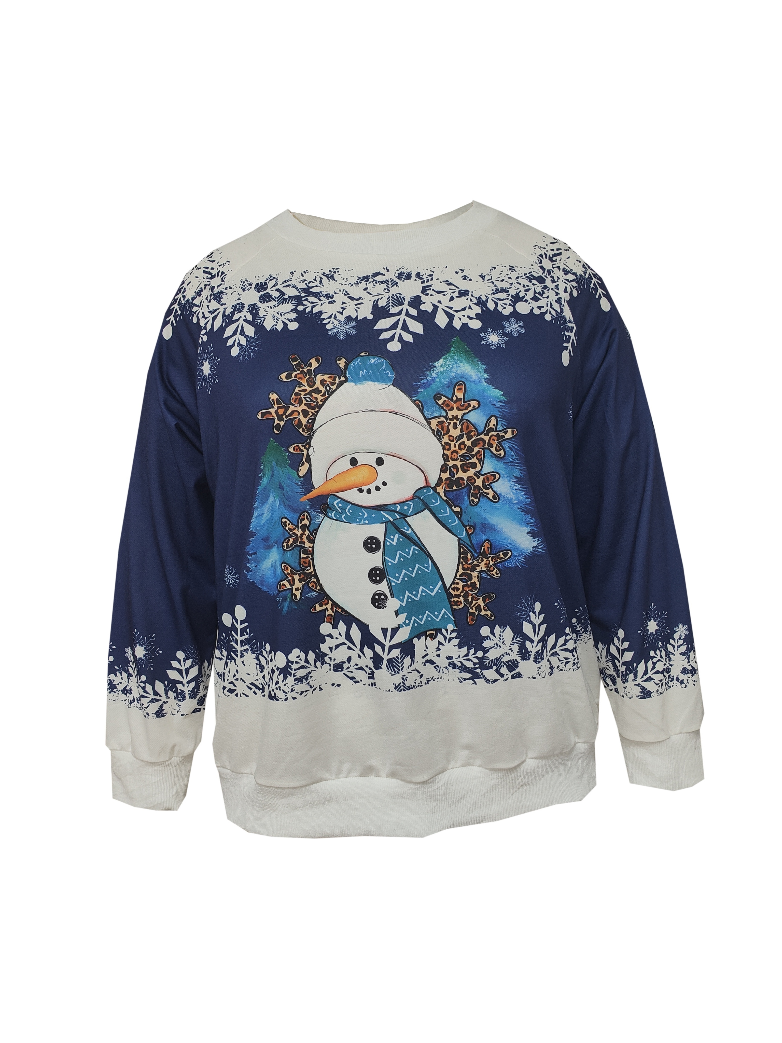 Plus Size Christmas Casual Sweatshirt,Women's Plus Snowman & Snowflake  Print Long Sleeve Round Neck Pullover