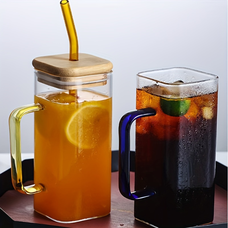 Glass Mug with Lid and Straw Iced Coffee Cup with Handle Square  Drinking Glasses Tumbler Cups for Smoothie Juice (Yellow): Glassware &  Drinkware