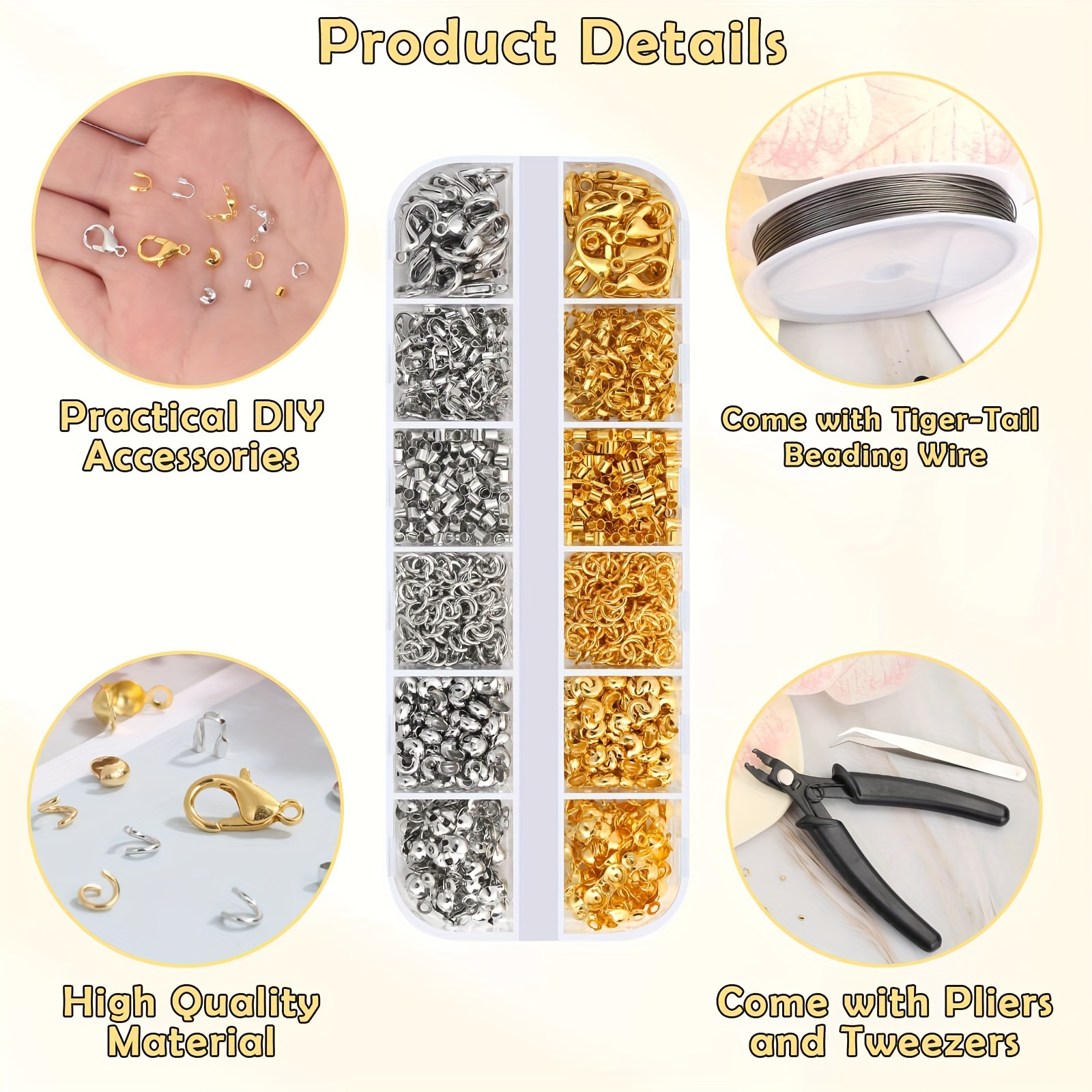Kit 1200 Pezzi Per Creazione Gioielli - Perline A Crimpare, Moschettoni