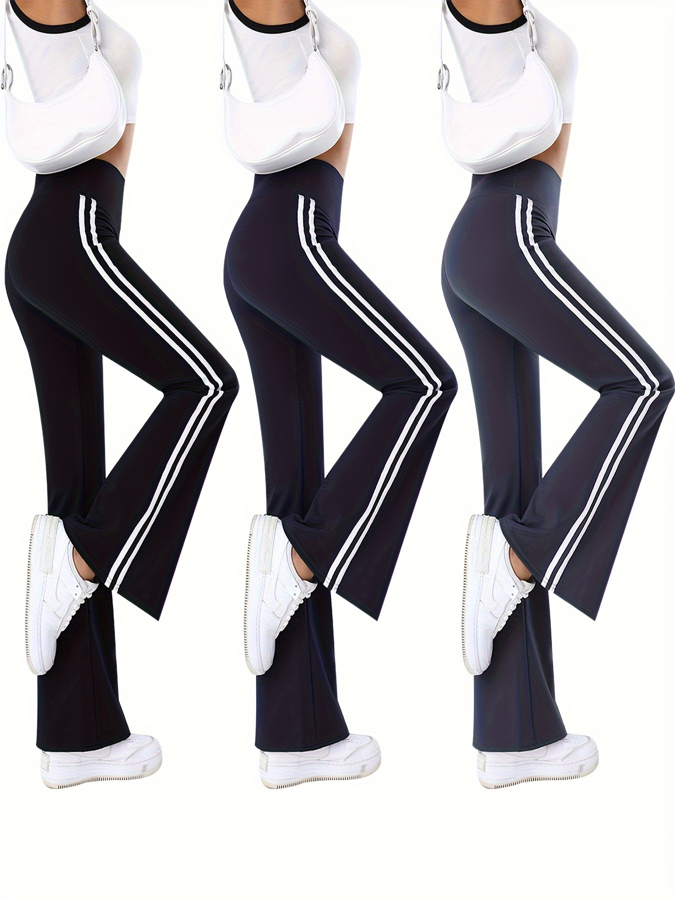 3Pcs Flared Legs Yoga Pants, High Stretch Side Striped Print Fitness Sports  Trousers, Women's Activewear