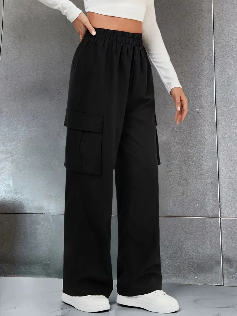 Solid Flap Pocket Loose Cargo Pants, Casual Elastic Waist Versatile Pants,  Women's Clothing