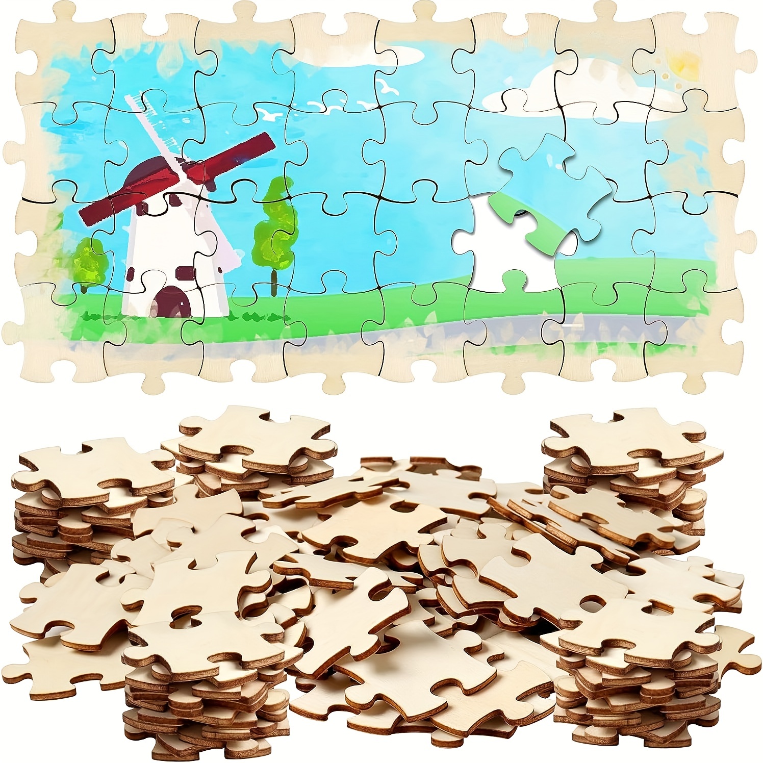 100pcs Blank Puzzle Pieces Unfinished Wood Puzzle Color Your Own