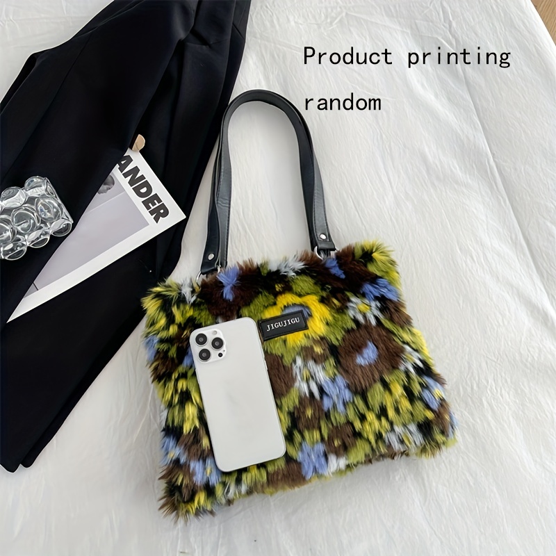 Floral Print Faux Fur Tote Bag, Large Capacity Fluffy Shoulder Bag