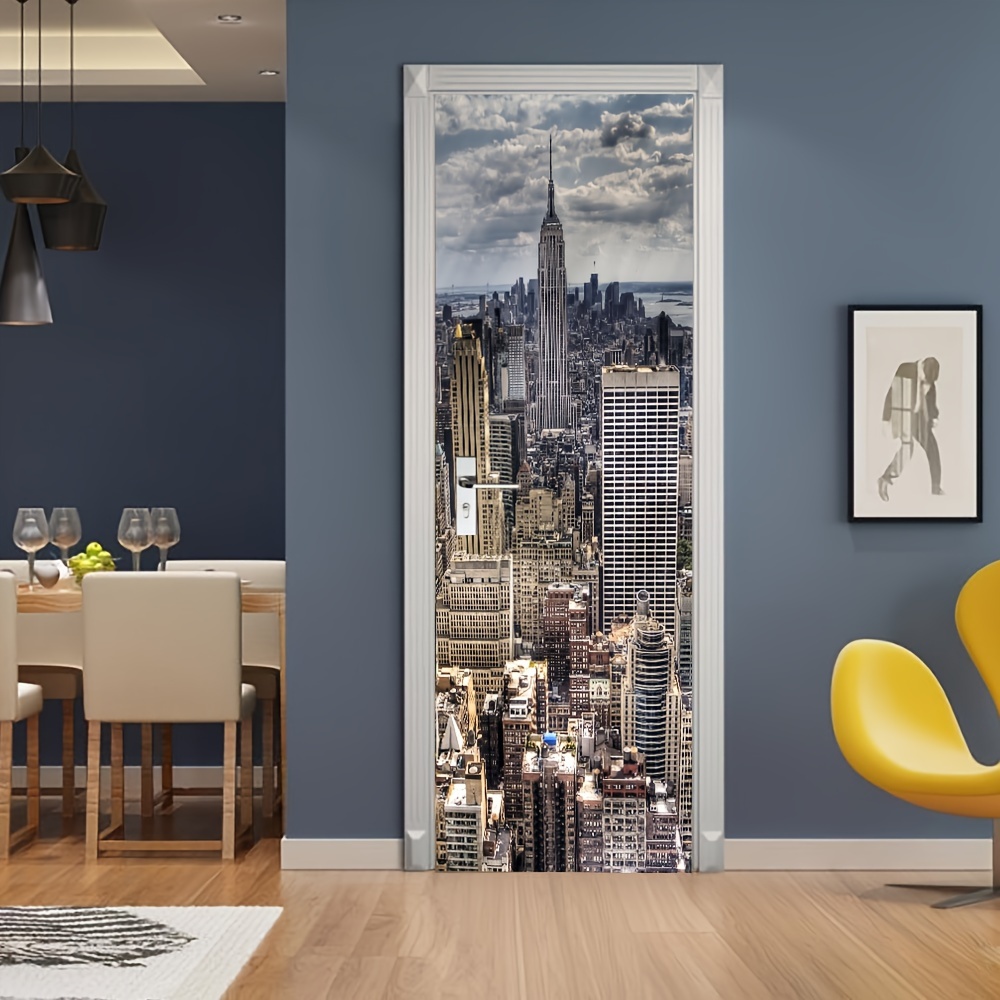 1pc City Landscape Pattern 3d Door Sticker, Self-adhesive Door Decals,  Removable Pvc Waterproof Door Poster, Mural Peel And Stick Door Wallpaper,  Bedroom Living Room Door Wall Decor - Home & Kitchen 