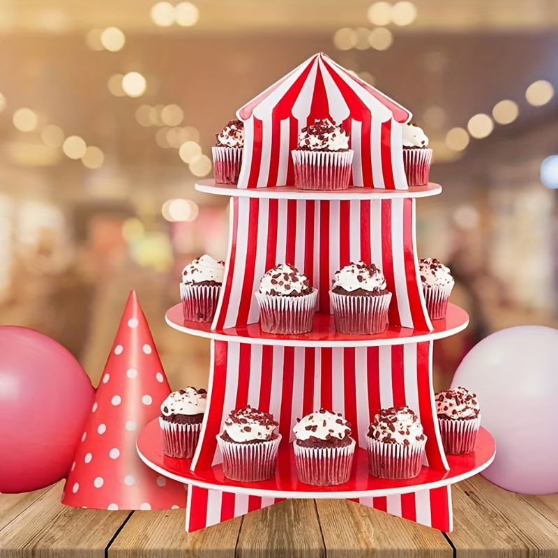 

1pc Carnival Red And White Striped Cupcake Stand, 3 Layers Cardboard Cupcake Stand, Creative Small Gifts And Holiday Accessories, Perfect For Circus Birthday Party, Party Supplies, Table Decors