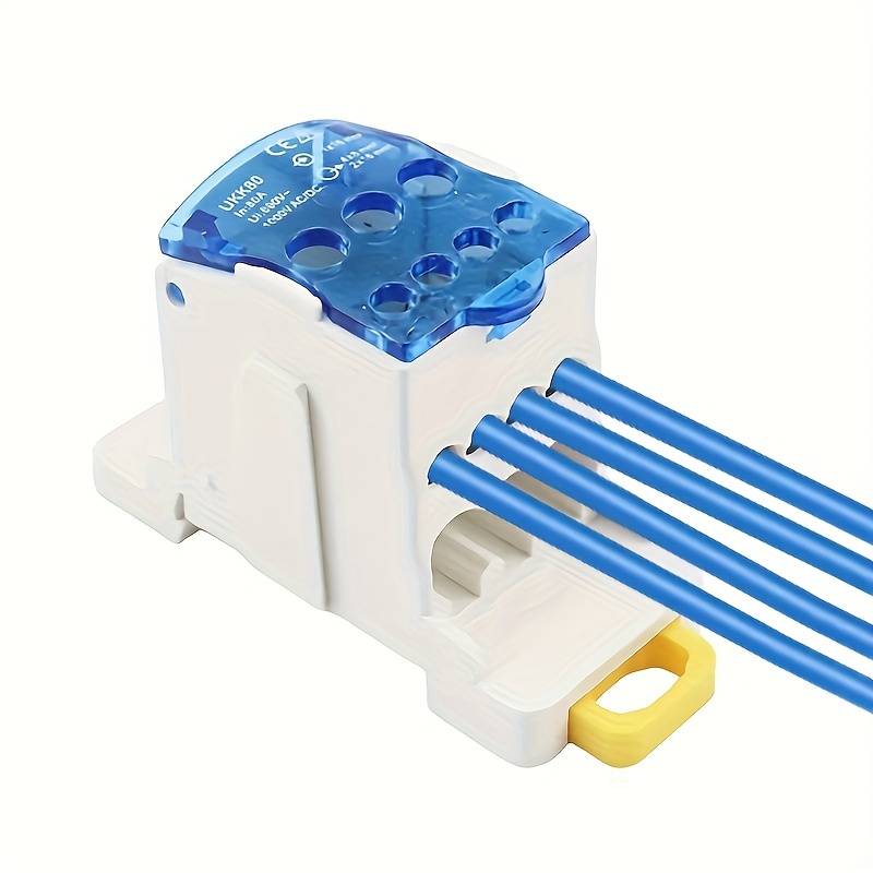 80A Terminal Block Distribution Box - Copper DIN Rail Junction Box, Transparent Cover, 1 Input & 4 Output Connectors