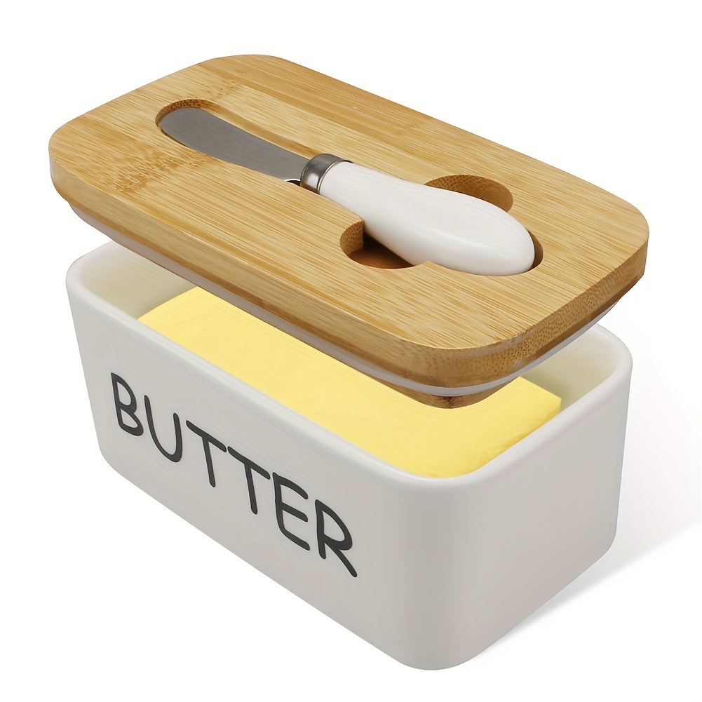 Plat à beurre en porcelaine, boîte à beurre avec couvercle en bambou et  couteau à beurre, récipient à beurre