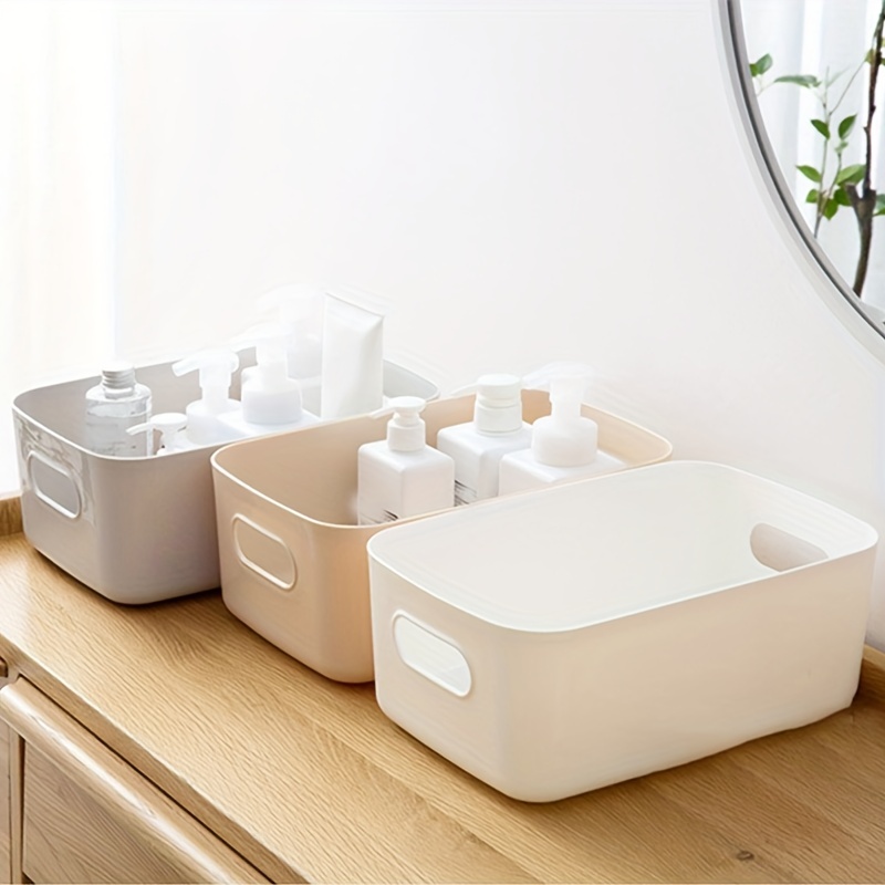 Manunclaims Plastic Storage Basket, Desktop Weave Baskets with Handle,  Portable Bathroom Open Storage Bin, Small Plastic Containers Shelf Brackets  for Shelves Countertop Kitchen Cabinet Office 