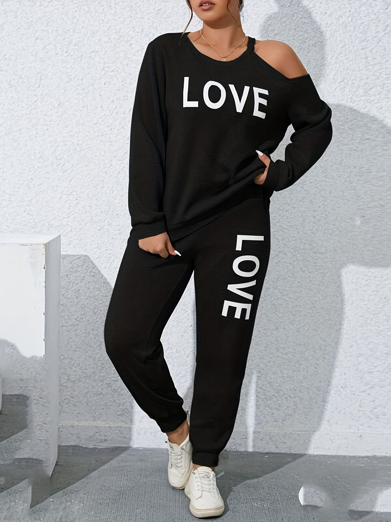 Plus Size Casual Outfits Two Piece Set Women's Plus Letter - Temu Canada