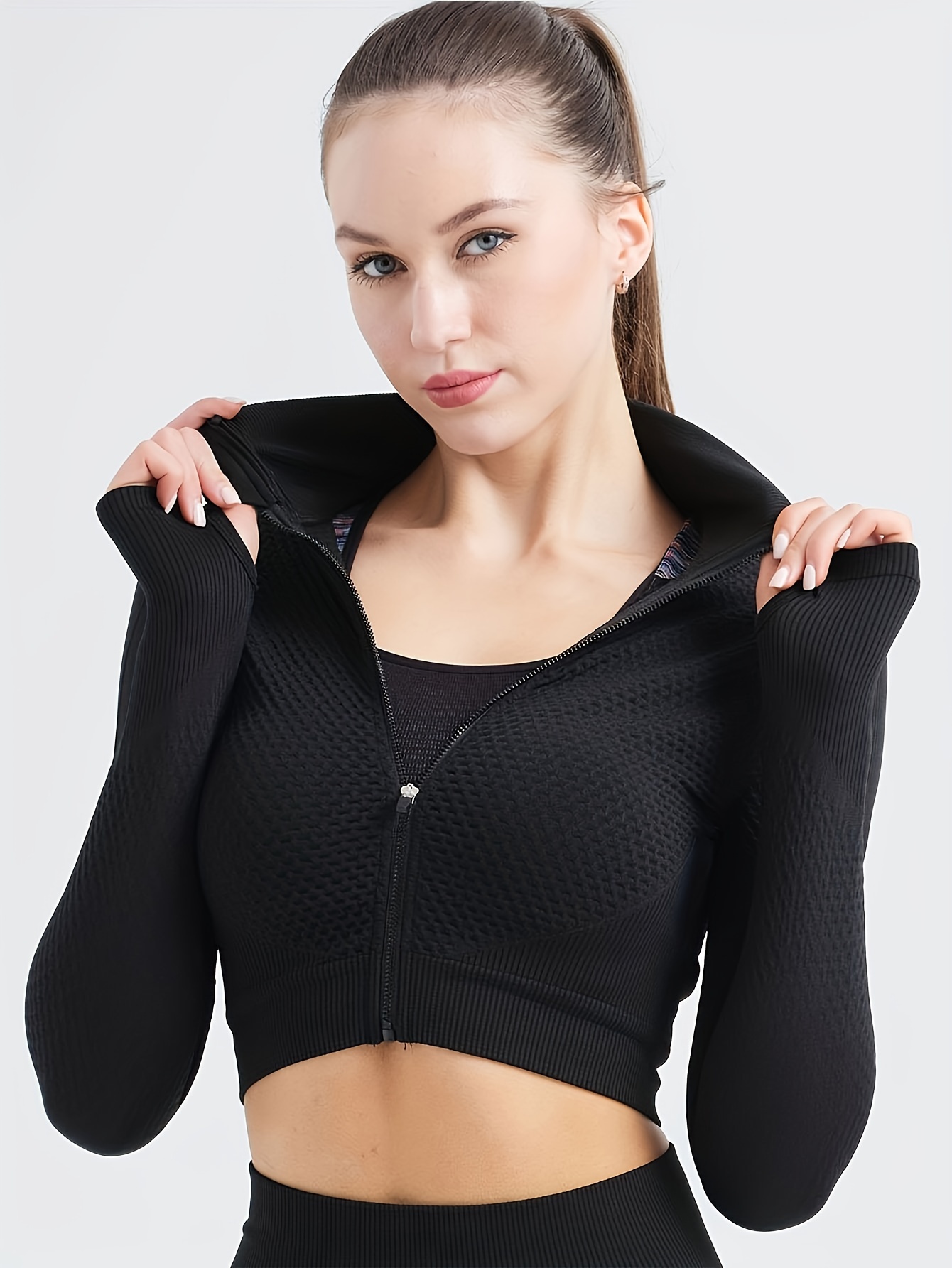 2pcs Yoga Workout Suits Long Sleeve Crop Sports Top High - Temu Portugal