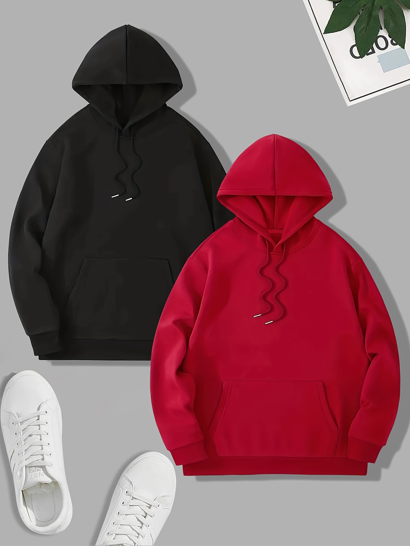 2Pcs Hoodies Set For Men, Men's Casual Solid Basic Hooded Sweatshirt Streetwear For Winter Fall, As Gifts