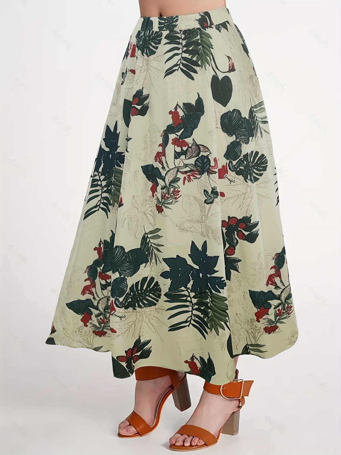 Plus Size Casual Skirt Women's Plus Tropical Print Elastic - Temu