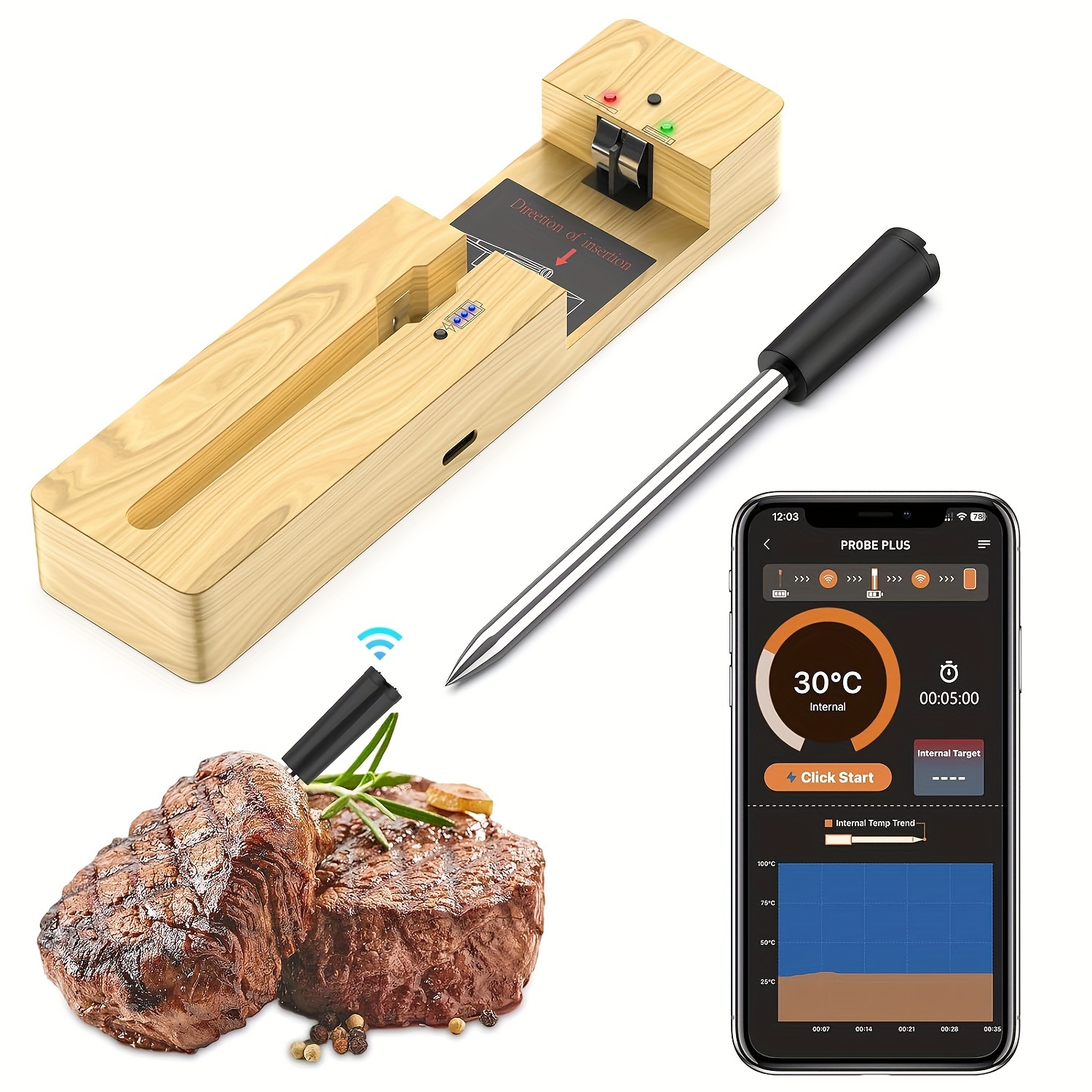 BBQ Meat Thermometer, Bluetooth Remote Thermometer, Wireless Digital  Cooking Thermometer with 6 Probe Port for Smoker Grilling O 