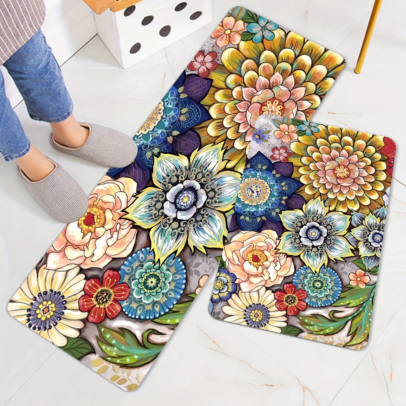 Feblilac Blue Flower Geometric Pattern PVC Leather Kitchen Mat, Floral  Dining Room Runner Rug/Mat, Elegant Non-Skid Printed Carpet Doormat Balcony Anti  slip Kitchen Laundry Room Rug Mat Sets – Feblilac® Mat