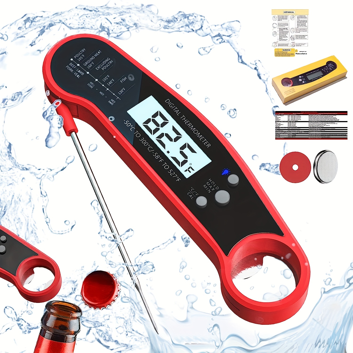 Meat Thermometer Candy Thermometer With Backlight & Calibration Best  Waterproof Instant Read Digital Thermometer For Kitchen Outdoor Grilling  And Bbq Hidden Super Long Food Probe.