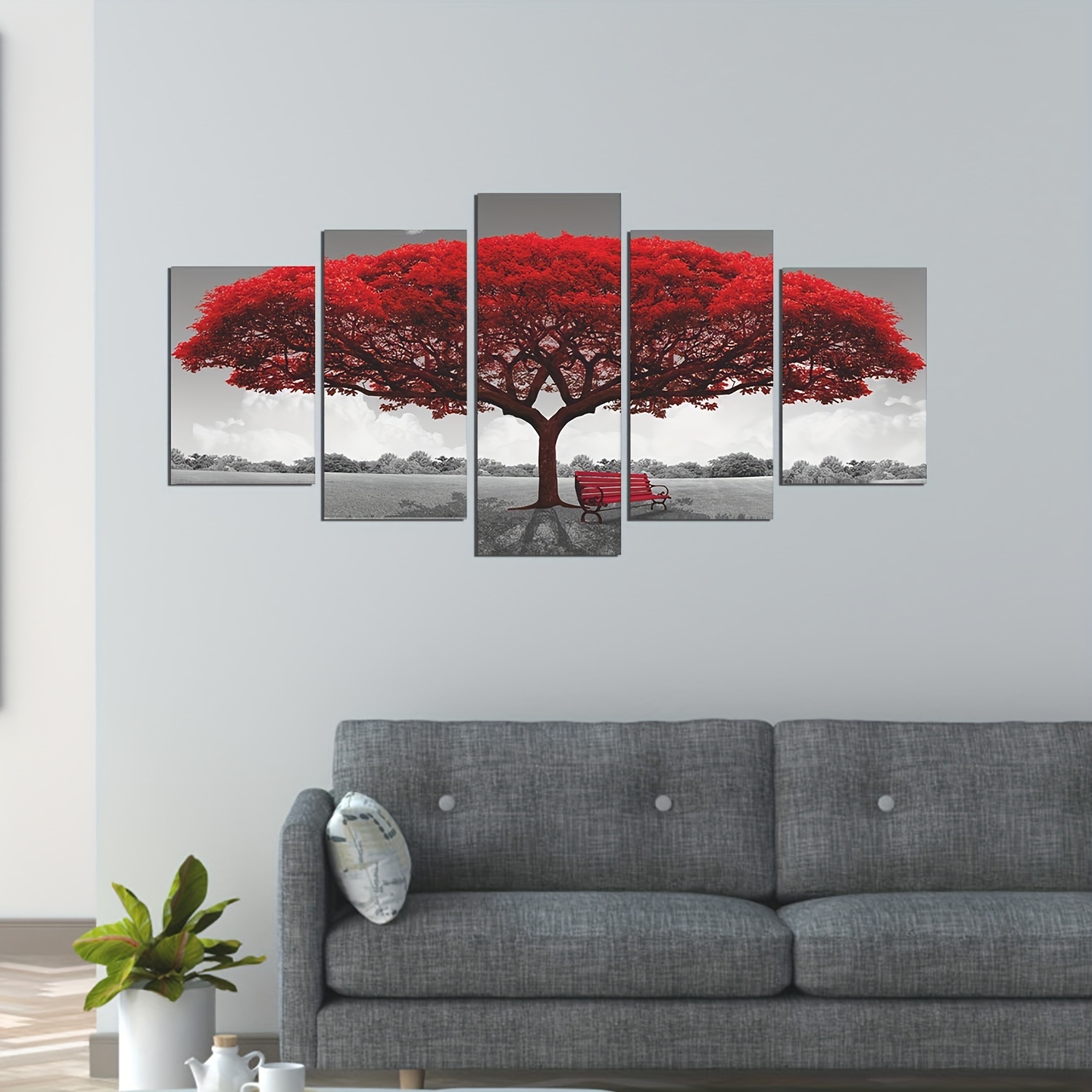 5pcs/set Frameless Wall Art Paintings, Red Benches Under The Big Tree With Red Leaves In Autumn Canvas Poster, Home Decor, Hotel Wall Decor ,thanksgiving decorations