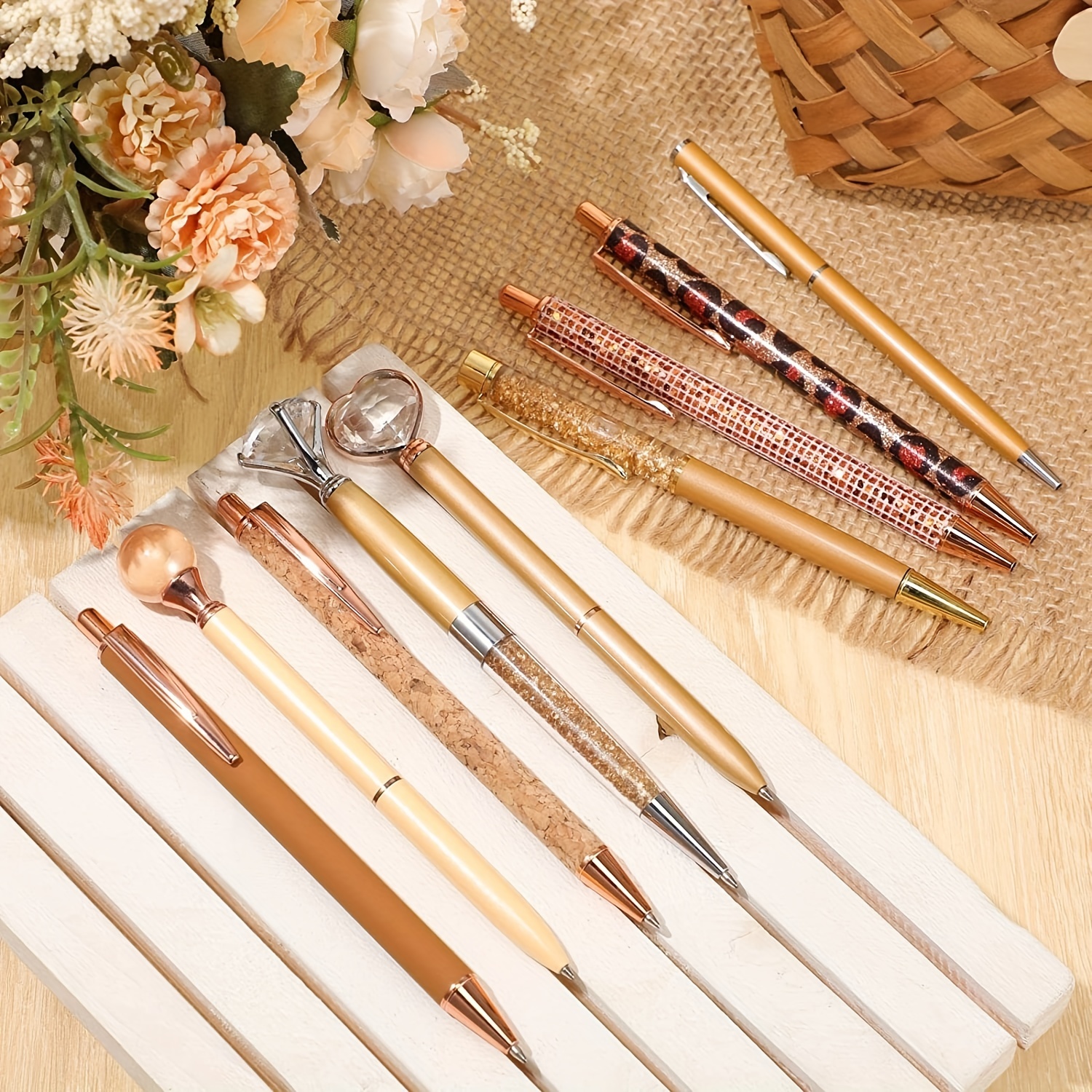 9 Pcs Ballpoint Pens Set Metal Crystal Pen Liquid Sand Glitter Pen