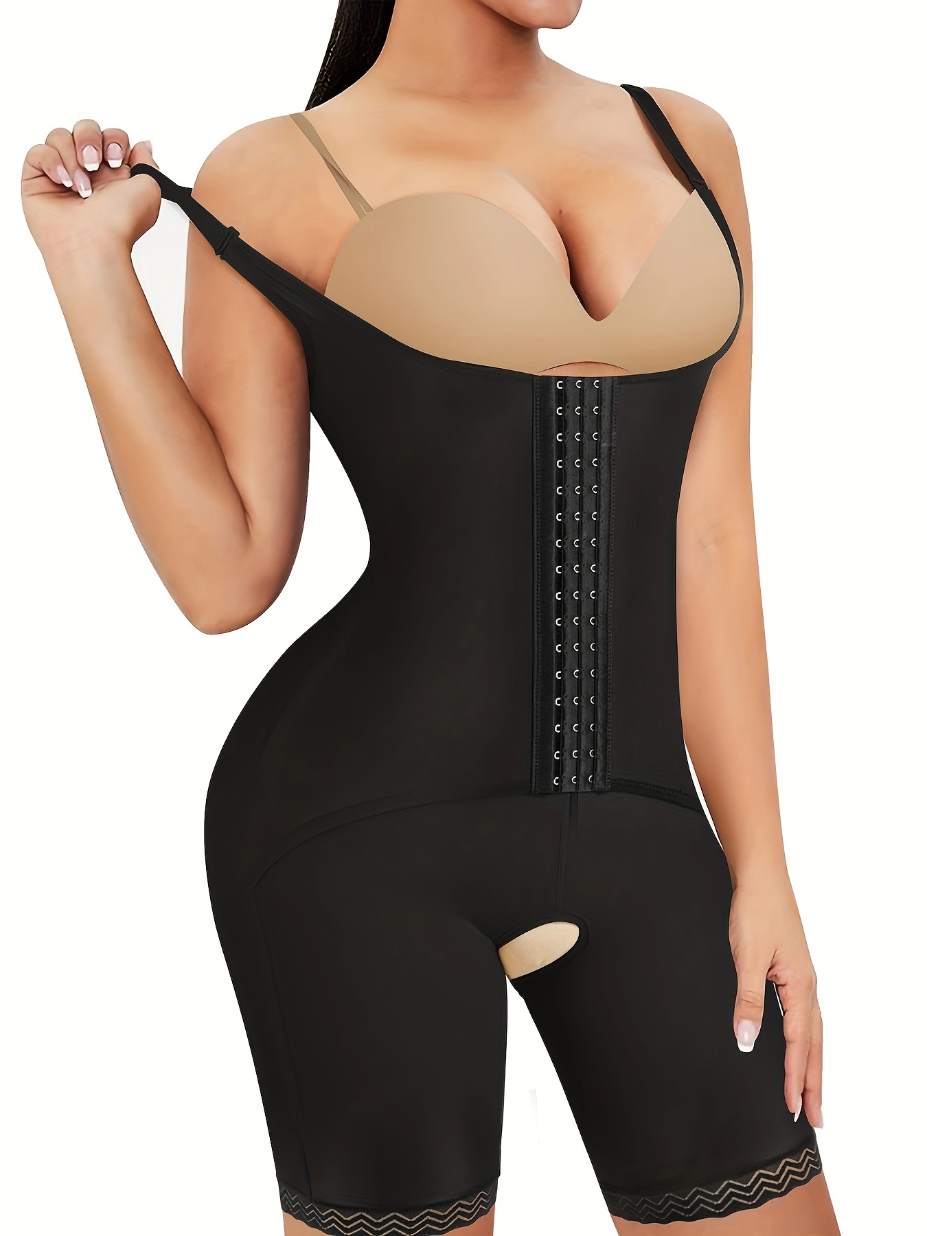 Aligament Shapers For Women Leather Shapewear Lace Up Back Contrast Lace  Corset With Thong Body Shaper Bodysuit Size M