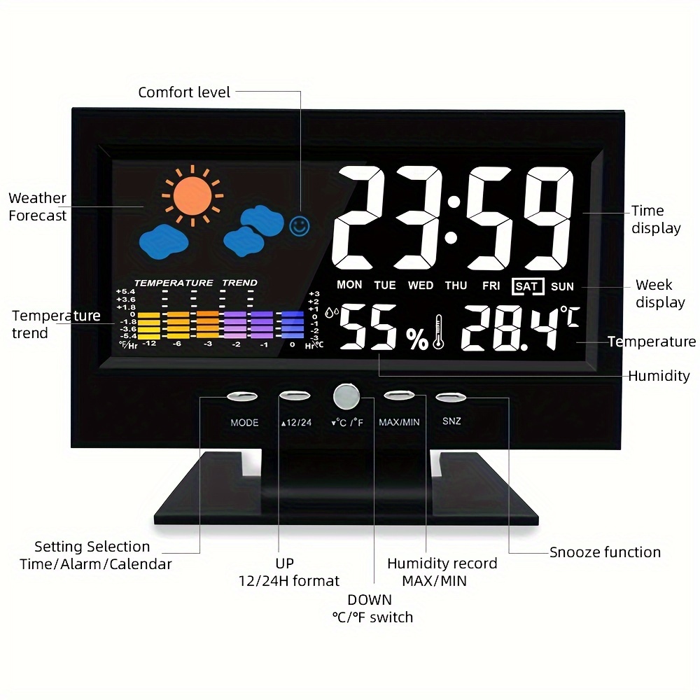 バックライト付きの音声制御デジタル天気時計、温度湿度、天気予報- 12
