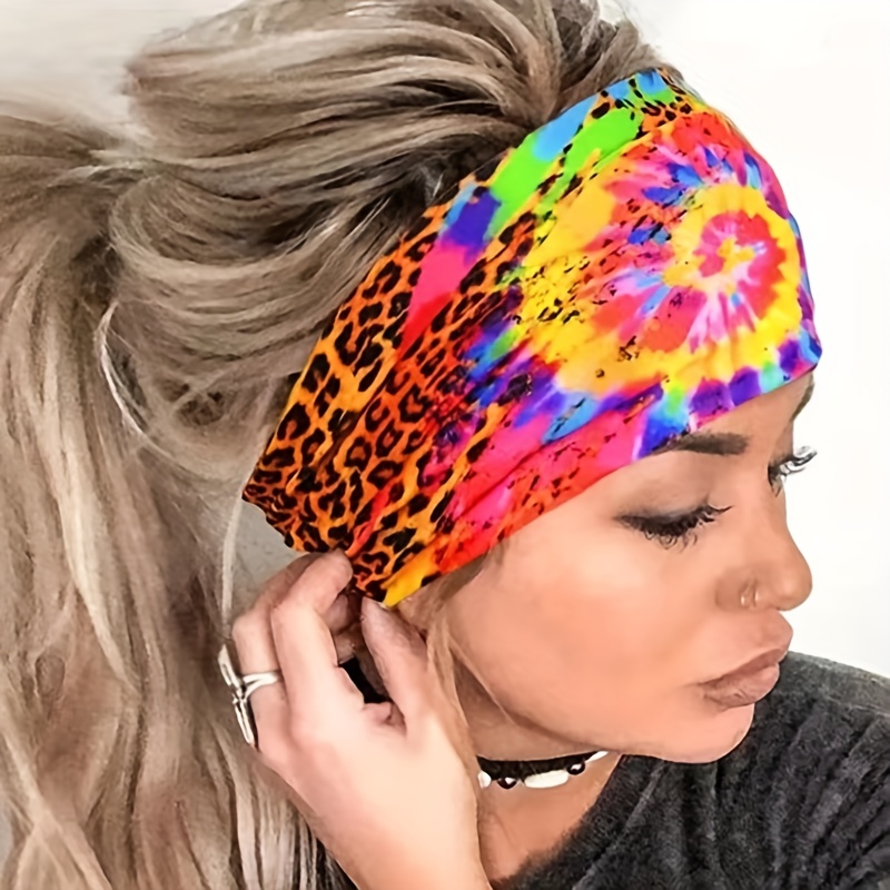 

Colorful Leopard Print Tie-dye Headband Wide-brimmed Hairband Soft Headwear Hair Accessories