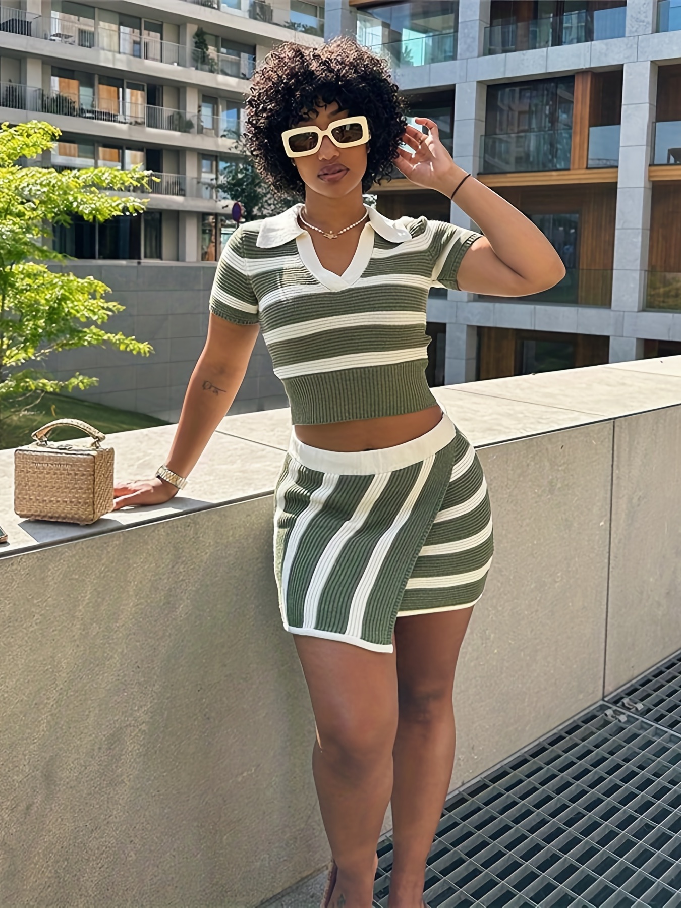 Colorblock Striped Two-piece Set, Polo Collar Short Sleeve Crop Top &  Asymmetrical Hem Skirt Outfits, Women's Clothing