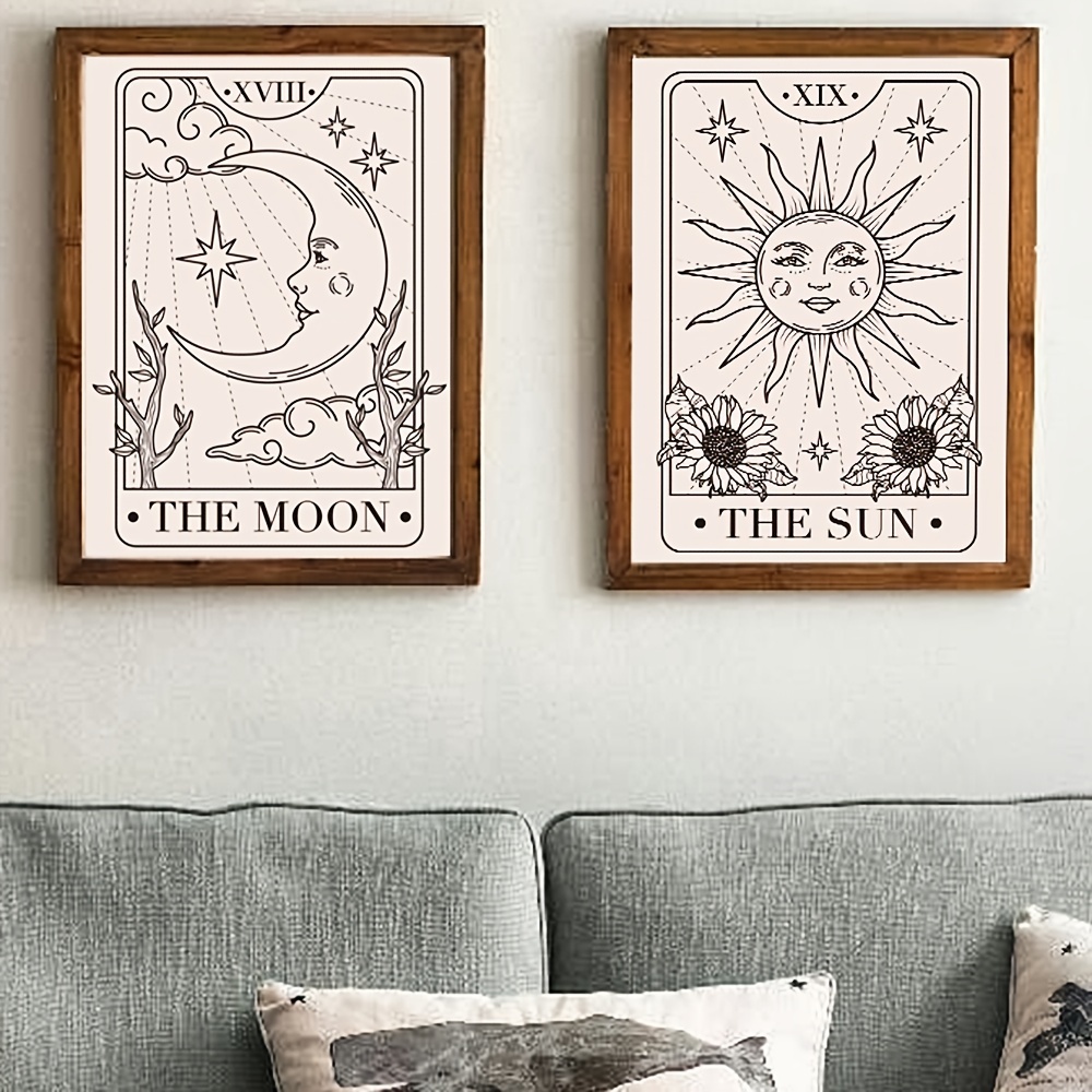 2pcs Moon & Sun Canvas Painting Wall Art Decor for Living Room & Bedroom