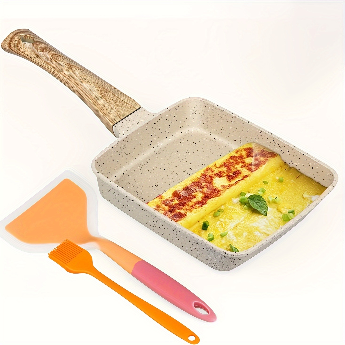 1pc japanese   ceramic frying pan rectangular non stick cookware with insulated silicone handle   silicone spatula and oil brush hand wash only details 0