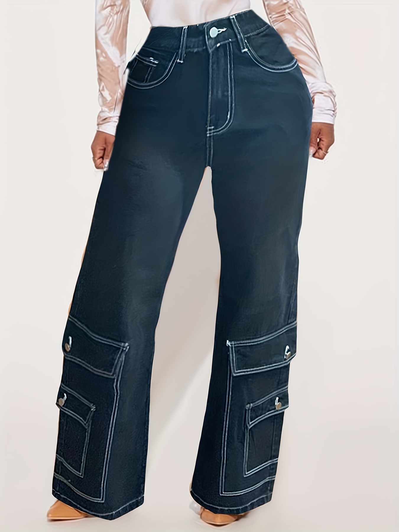 Multi Flap Pocket Solid Color Straight Leg Denim Pants, High * Loose Casual  Cargo Pants, Women's Denim Jeans & Clothing