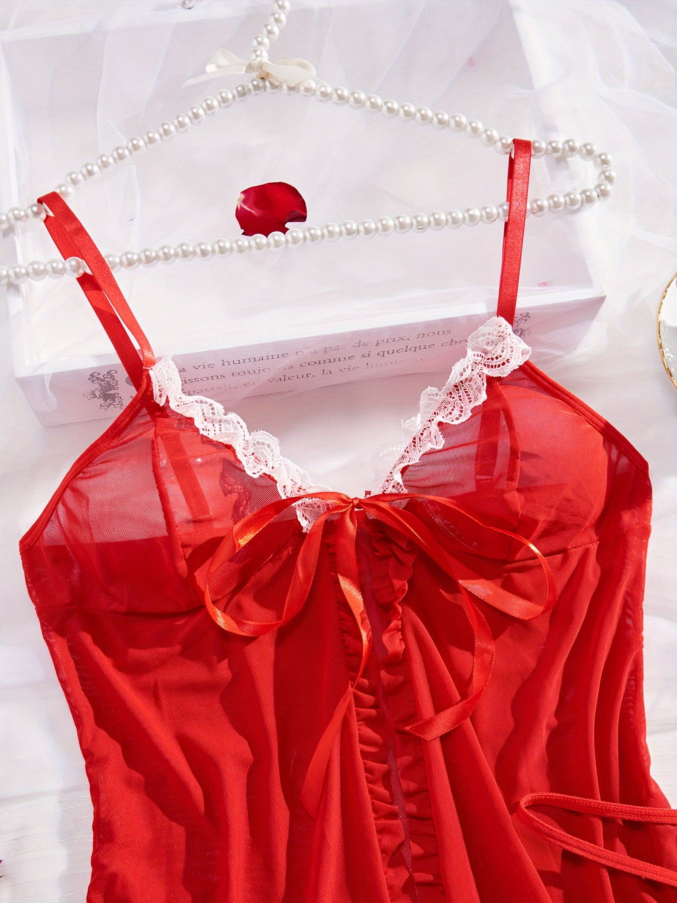 Women's Sexy Sleep Dress Silky Red Satin Lace-Trim Slip Sleepwear