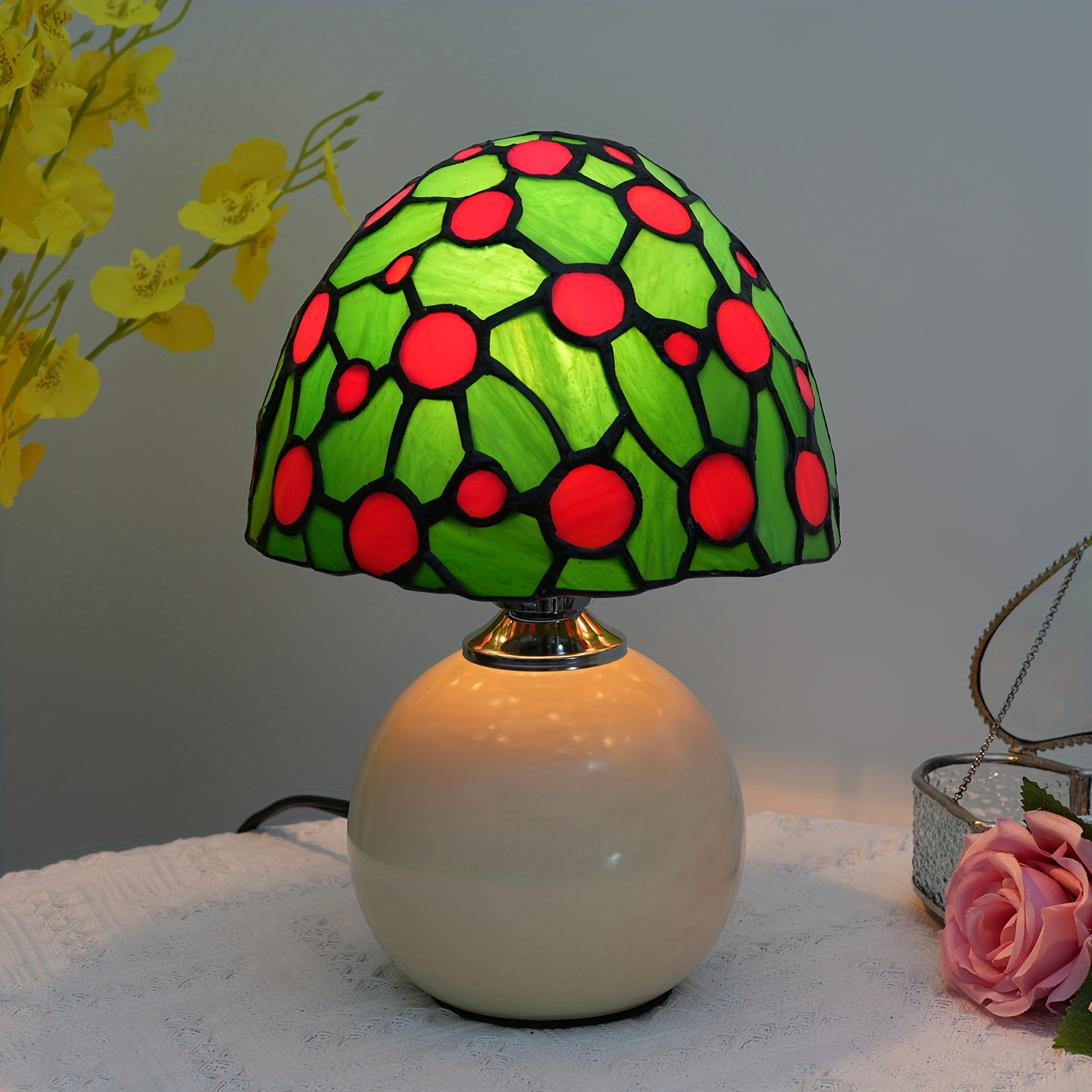 Stained Glass Pink Mushroom Table Lamp Creative Colorful Bedroom Night  Light US