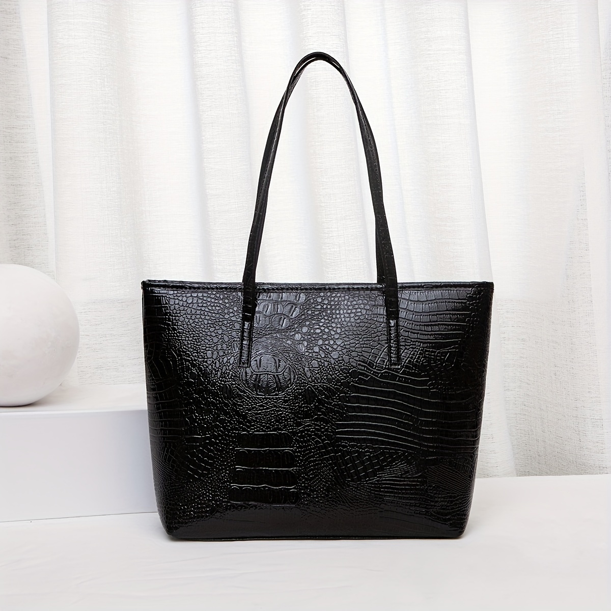 

Ladies' Pvc Tote Bag With Fixed Shoulder Straps - Black, Crocodile Texture, Zip Closure, Polyester Lining