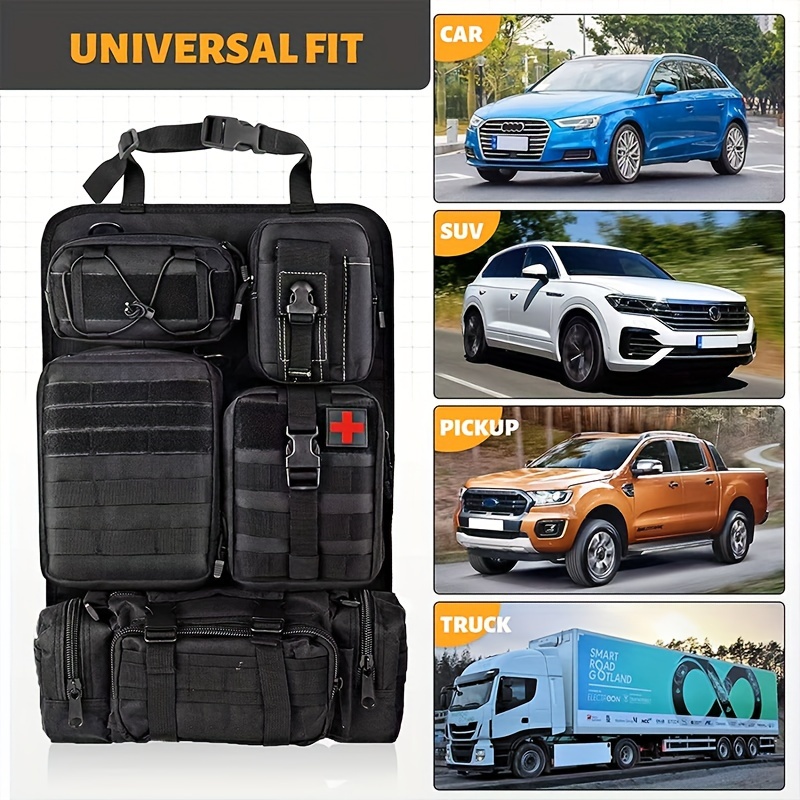 Universal Vehicle Seat Back Organizer With Detachable Molle Pouch, Phone Pouch, Admin Pouch Vehicle Panel Organizer Storage Bag With Multi-Pocket - Click Image to Close