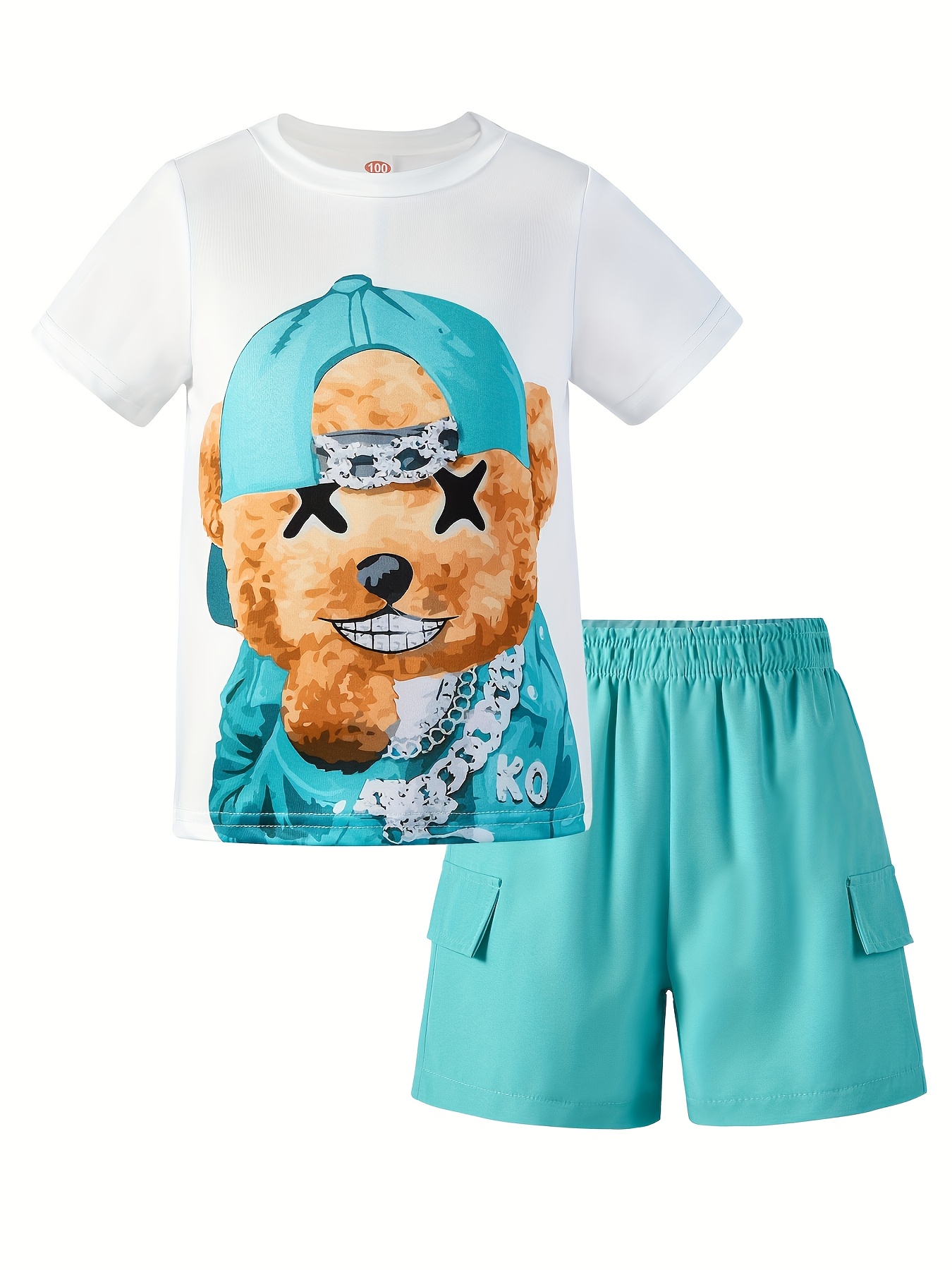 2-piece Kid Boy Allover Print Short-sleeve Tee and Elasticized Colorblock Shorts Set