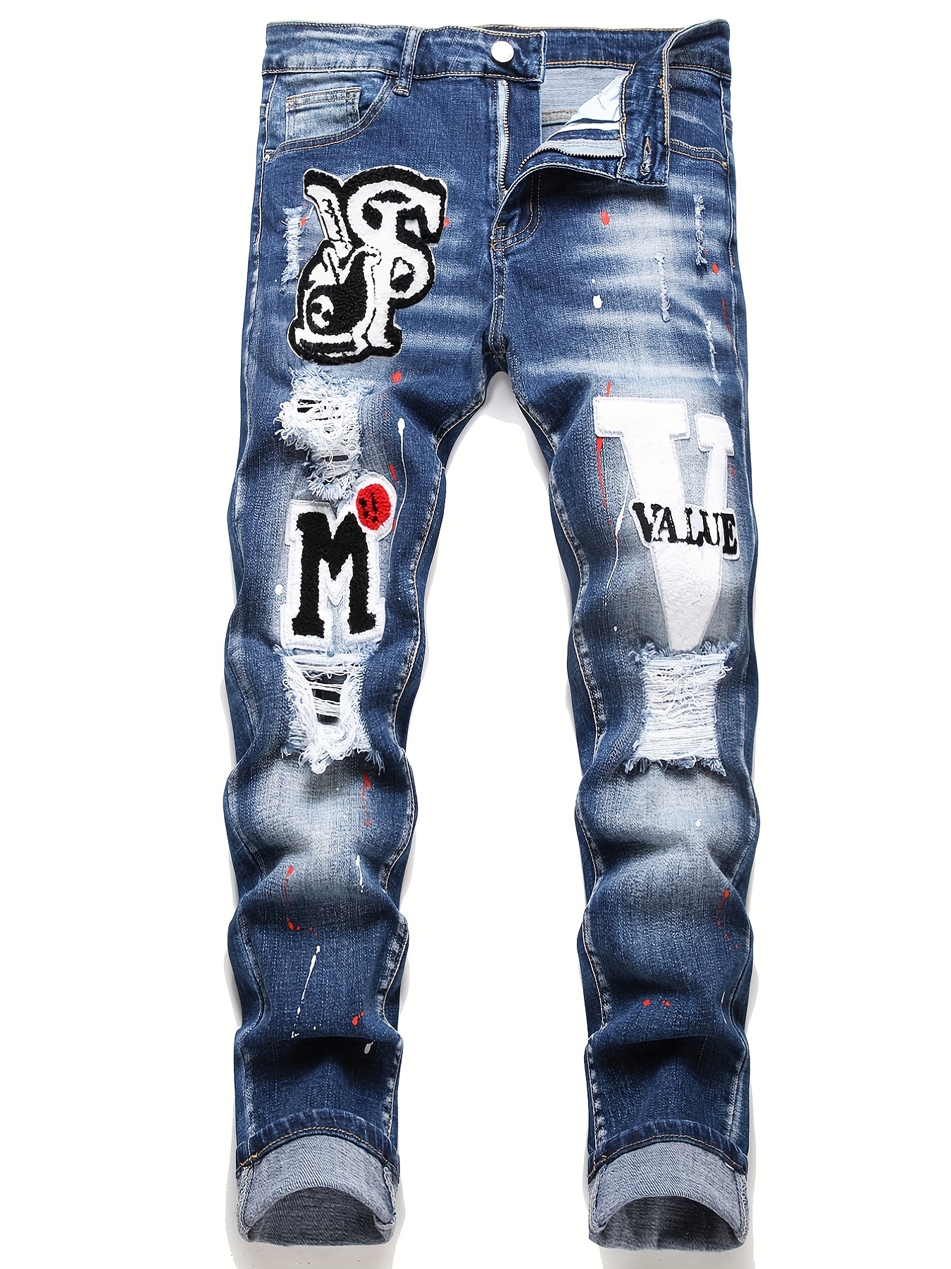 Star Pattern Slim Fit Ripped Jeans Mens Casual Street Style Distressed ...