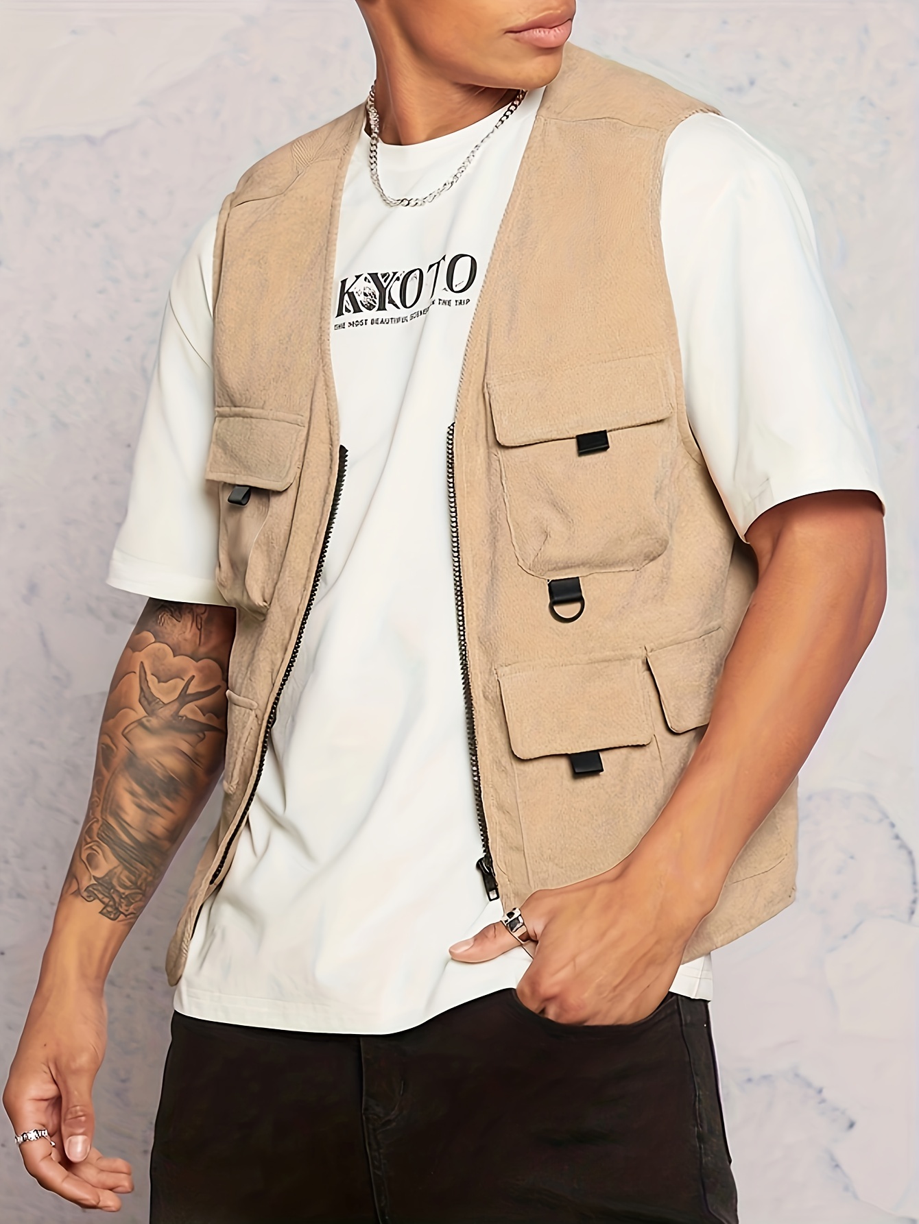 Chic Flap Pockets Cargo Vest, Men's Casual Outwear Zip Up Vest For Outdoor  Fishing Photography
