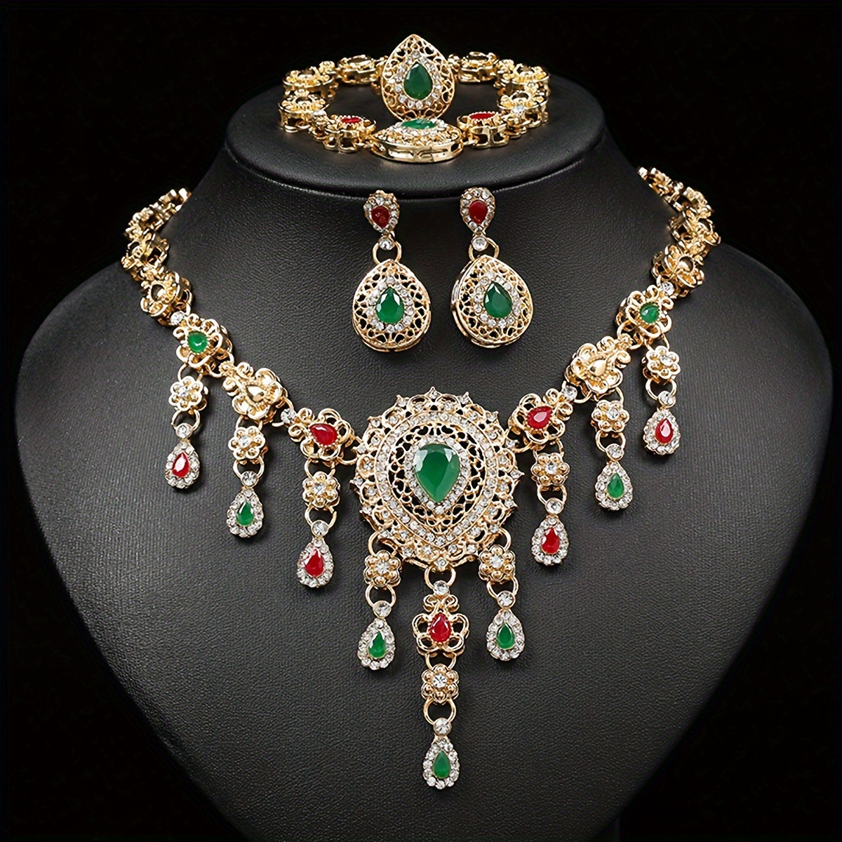 

Exaggerated Style Jewelry Set, Necklace, Earrings Ring And Bracelet Zinc Alloy Synthetic Gem Jewelry Set, Shiny Colorful Jewelry Decoration For Party Wedding Bridal Banquet Wearing