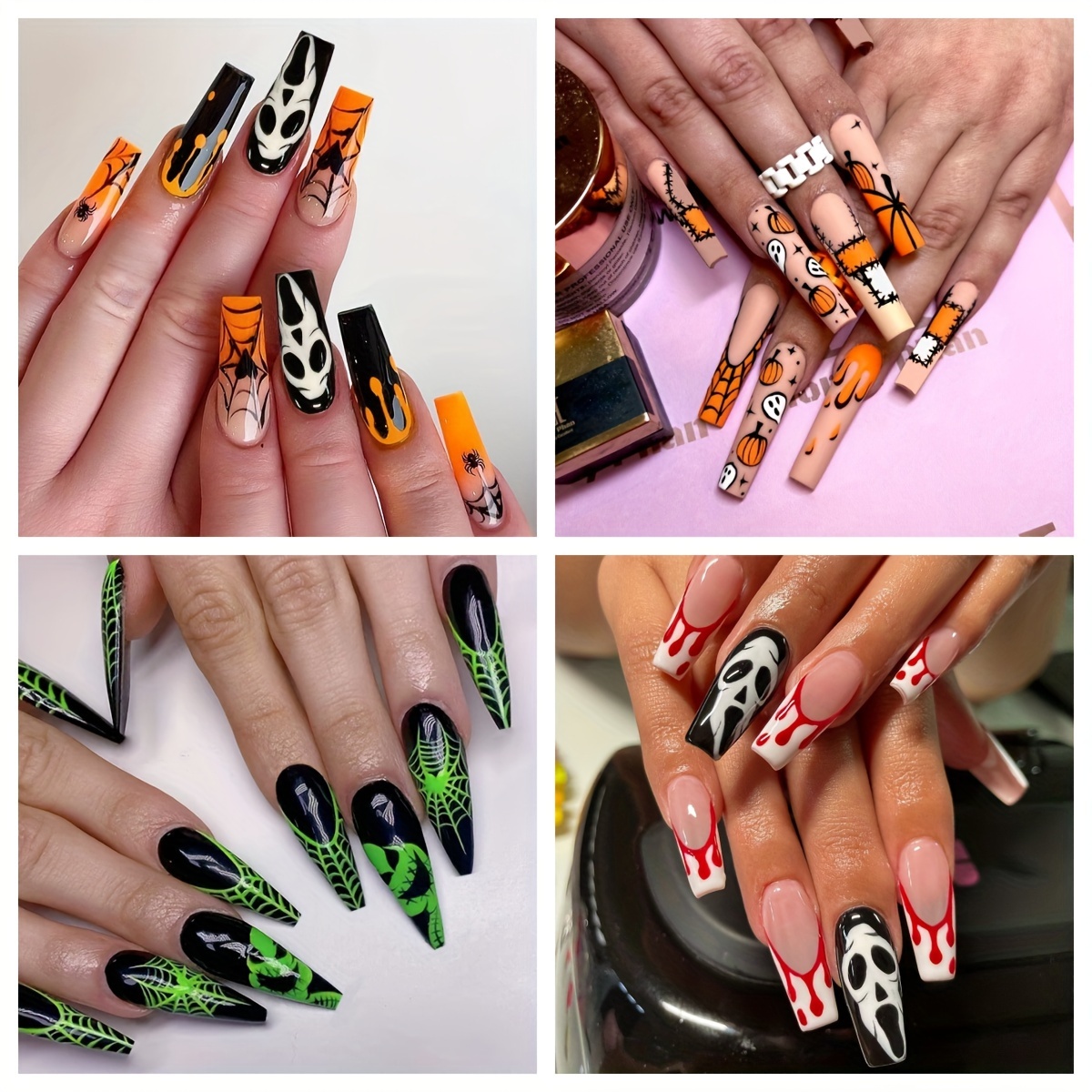  Halloween Press on Nails Long Ghost Coffin Press on
