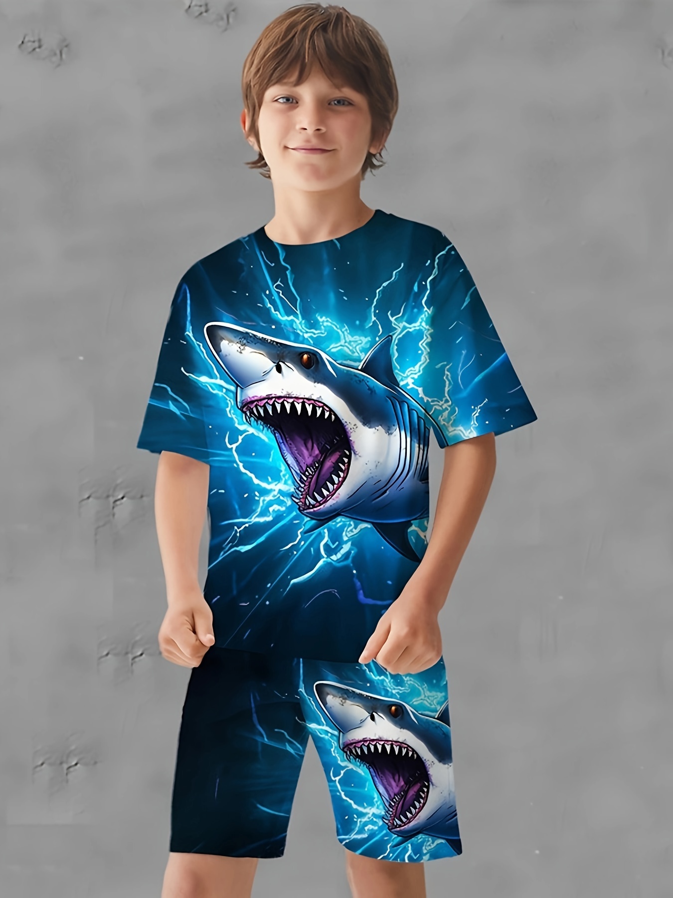 2pcs Baby Boy Short-sleeve Button Up Top and All Over Shark Print Shorts Set