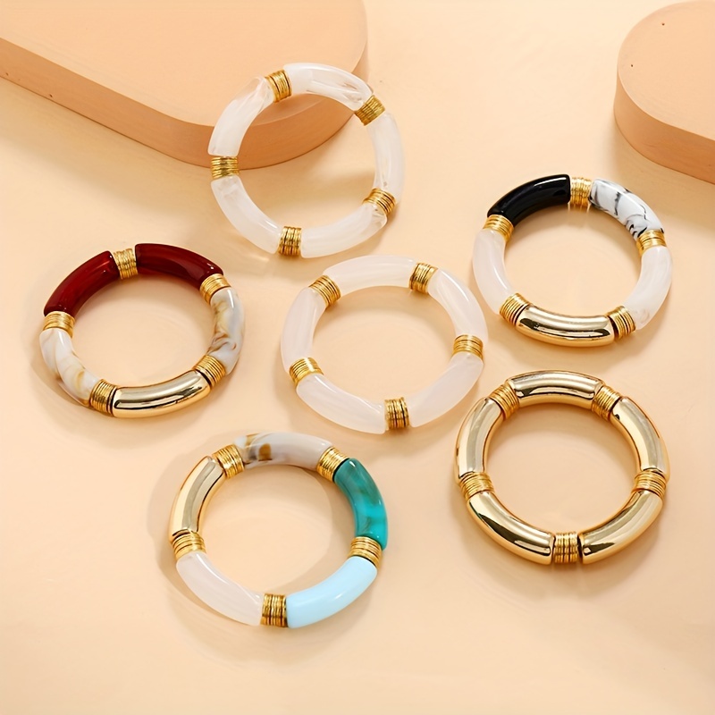 

Bohemian Style Acrylic Tube Bangle, Retro Multicolor Chunky Curved Tube Jelly Marble Pattern Bracelet For Women