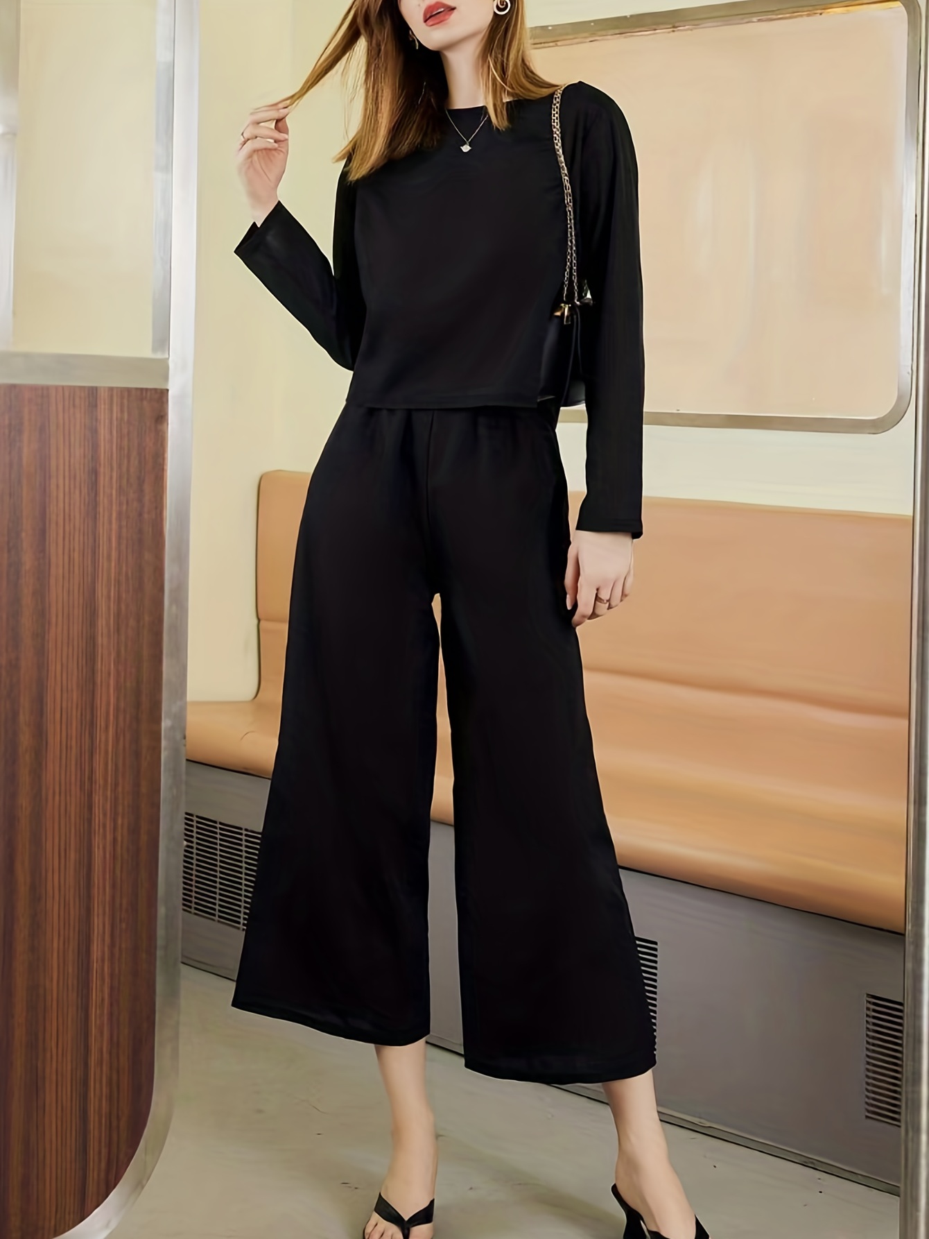 Casual Solid Two piece Pants Set Long Sleeve Top Wide Leg - Temu