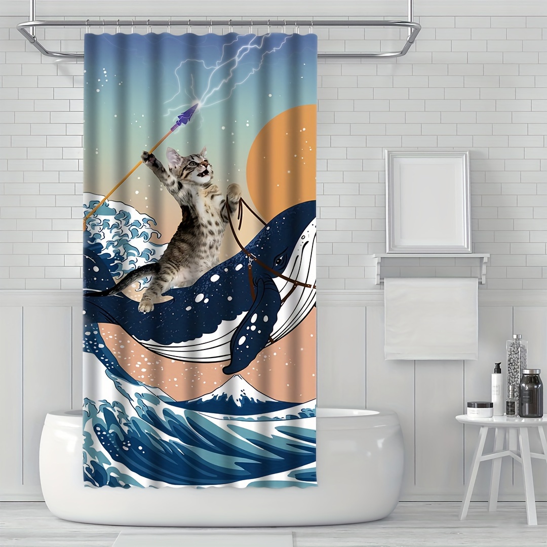 1pc Wave Kitten Whale Pattern Shower Curtain, Waterproof Shower Curtain  With Plastic Hooks, Decorative Bathtub Partition Curtain, Bathroom Decor,  Bath