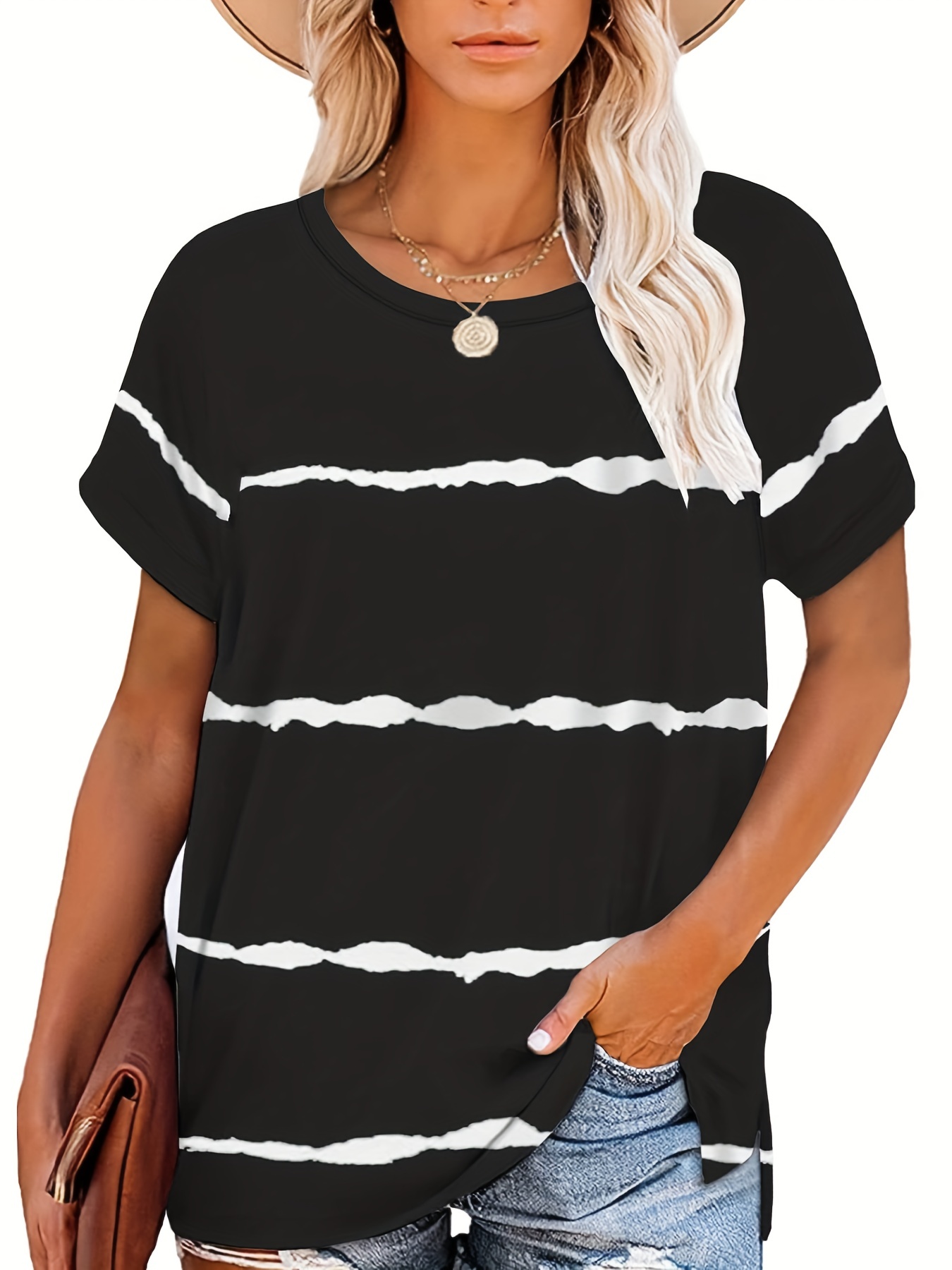 Striped Print T Shirt Casual Crew Neck Short Sleeve Summer T - Temu 