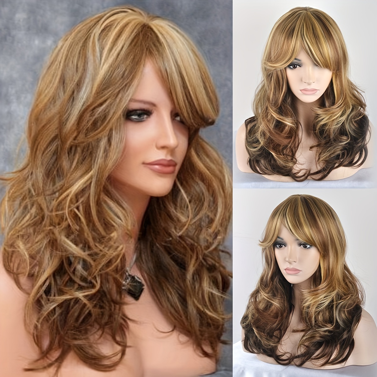 Dark Brown Hair Synthetic Wigs With Blonde Highlights For Women Heat  Resistant