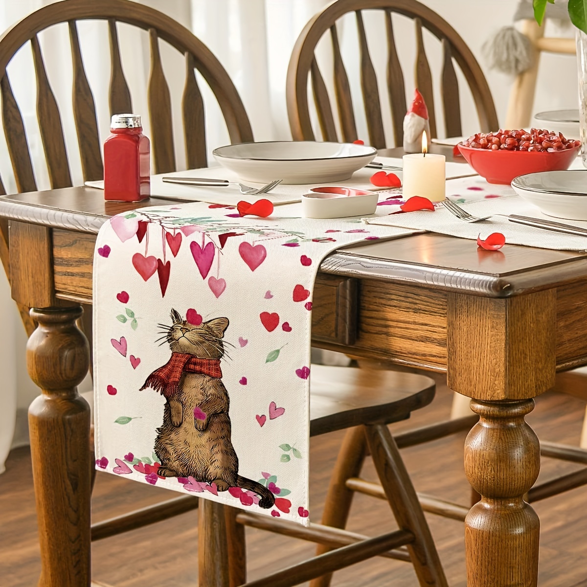 Table Runner Valentines Day Theme Cute Cat Floral Heart - Temu New